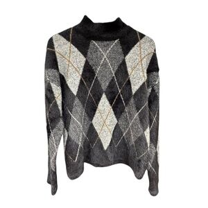 Marled Republic Fuzzy Argyle Sweater Black + Gray M